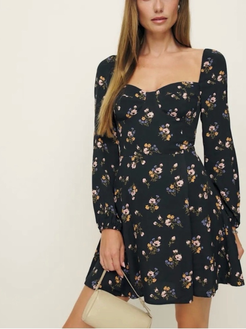 Reformation Mochi Floral Long Sleeve Mini Dress Black 0